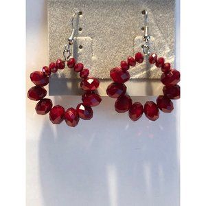 Women's Hand Made Beaded Earrings. Red Hoop Earrings. Silver Hooks. New!